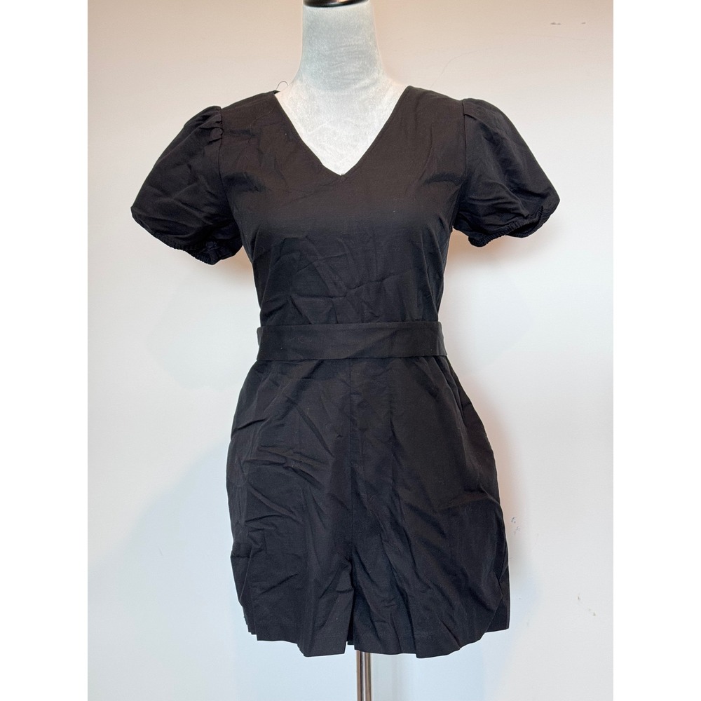 Ann Taylor Factory Black V-Neck Puff Sleeve Belted Romper Size 6